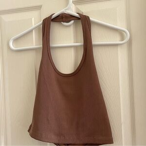ZARA RIBBED HALTER TOP  BROWN